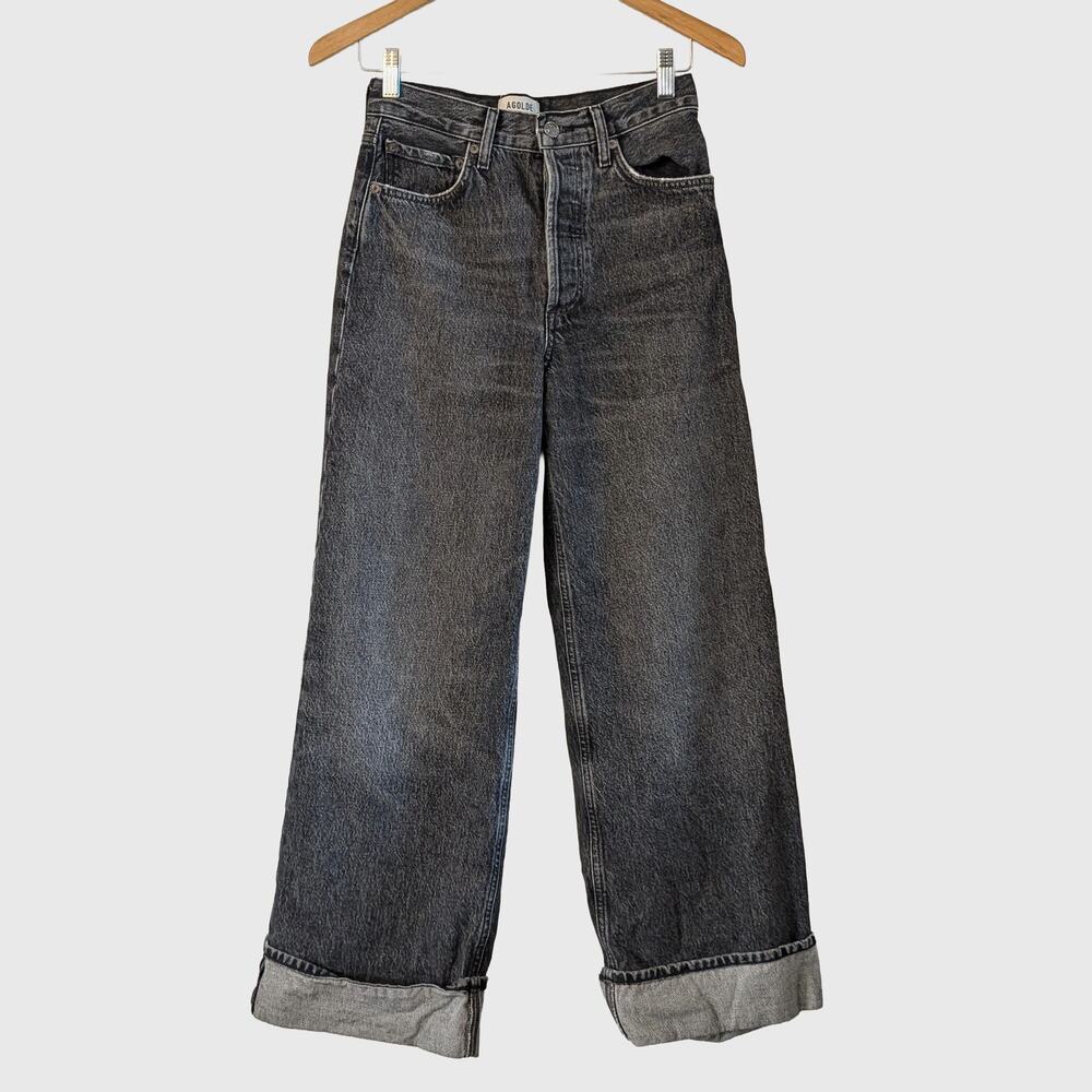 AGOLDE Dame High Rise Wide Leg Jeans 24 Washed Black Gray 100% Cotton Button Fly